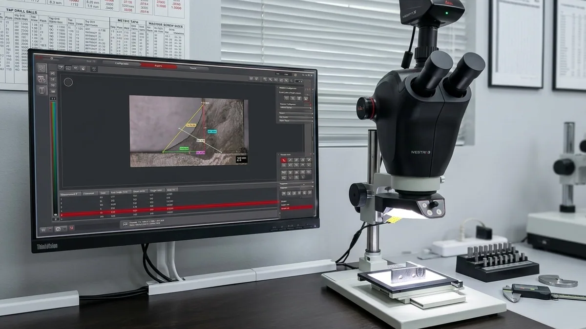 Optical measuring microscope at a Clover inspection station, dimensional measurement data on screen.